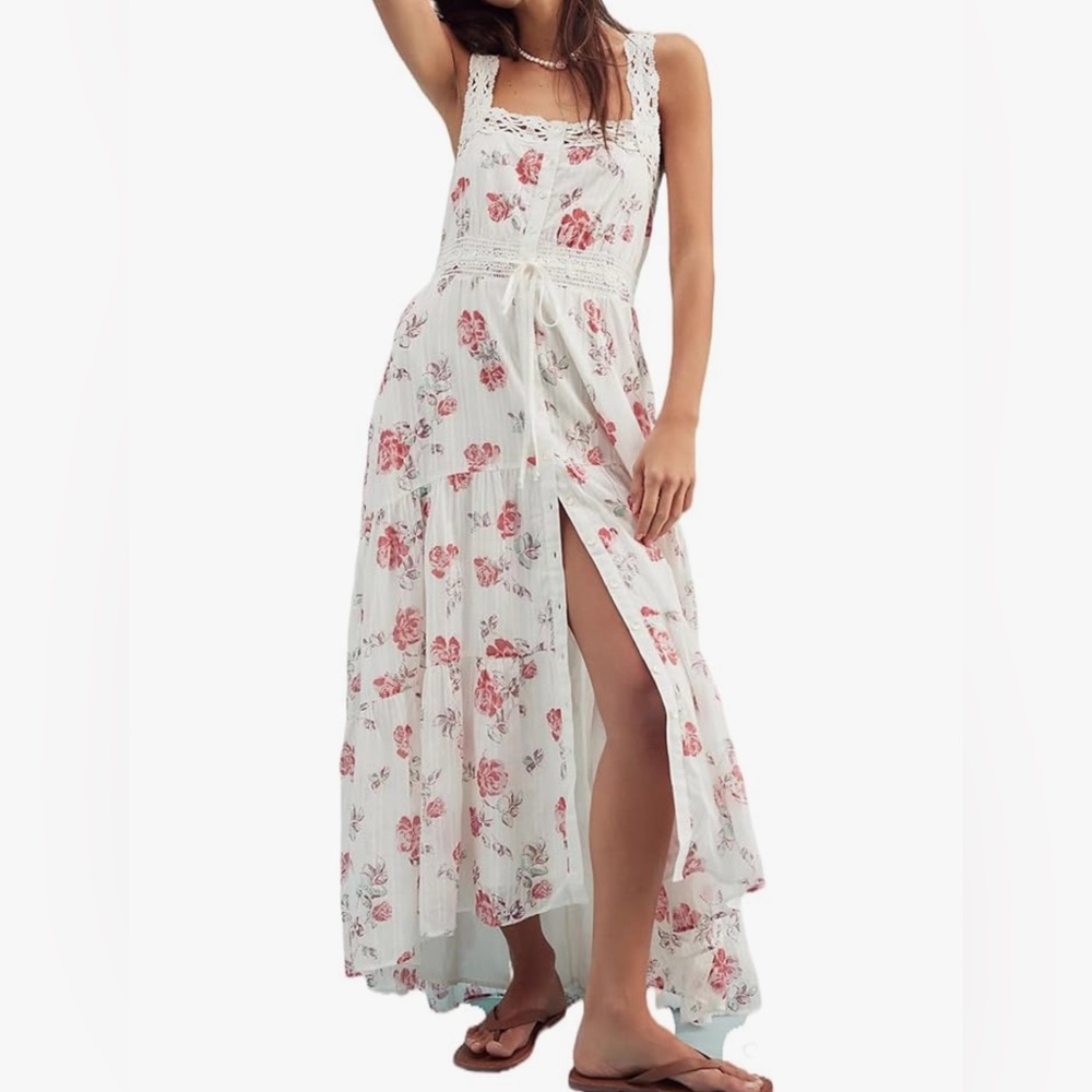 Floral White and Pink Maxi Dress